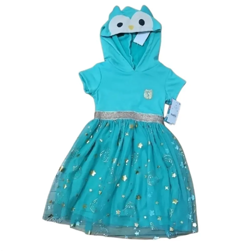 Squishmallows Teal Hooded Girls Dress with Gold Accents